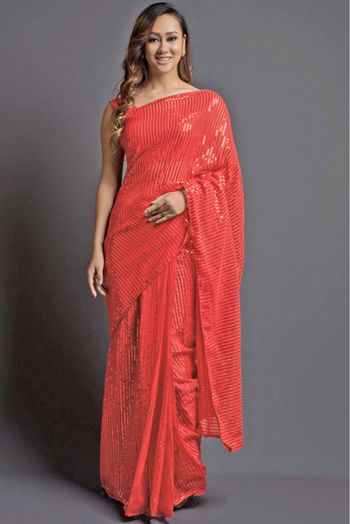 Georgette Sequins Work Saree In Peach Colour - SR5540100