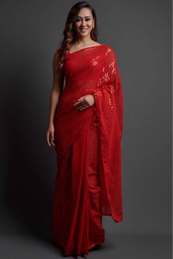 Georgette Sequins Work Saree In Red Colour - SR5540097