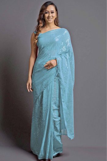 Georgette Sequins Work Saree In Sky Blue Colour - SR5540105