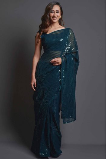 Georgette Sequins Work Saree In Teal Colour - SR5540096