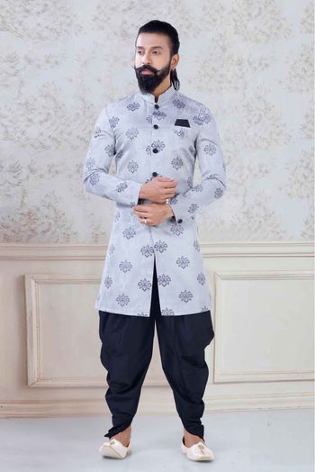 Jacquard Festival Wear Dhoti Sherwani In Grey Colour - SH5600045