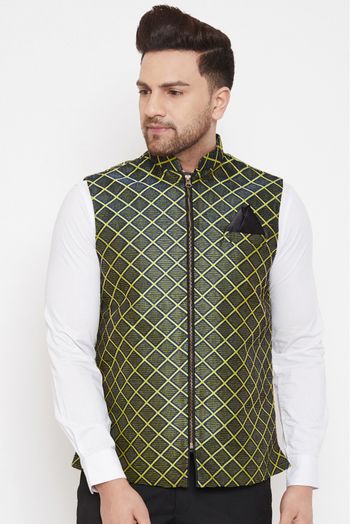 Jute Cotton Festival Wear Nehru Jacket In Green Colour - JK4352182