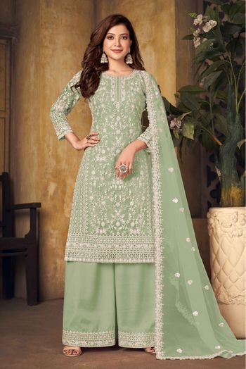 Net Embroidery Palazzo Pant Suit In Green Colour - SM1640759