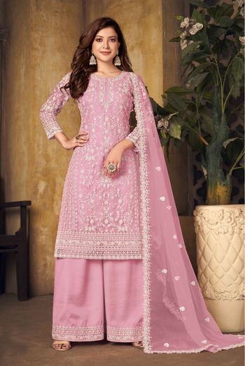 Net Embroidery Palazzo Pant Suit In Pink Colour - SM1640757