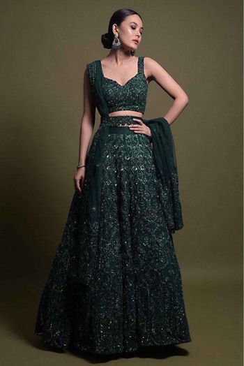 Net Sequins Work Lehenga Choli In Dark Green Colour - LD3880389