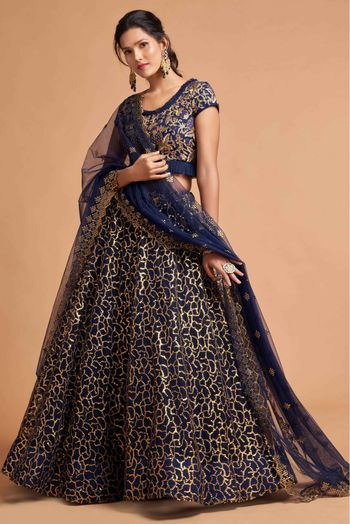 Net Zari Work Lehenga Choli In Navy Blue Colour - LD3820192