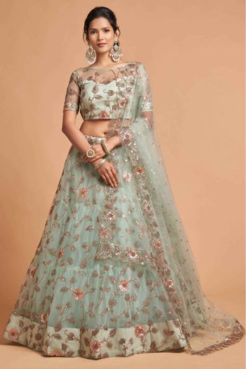 Net Zari Work Lehenga Choli In Sea Green Colour - LD3820195