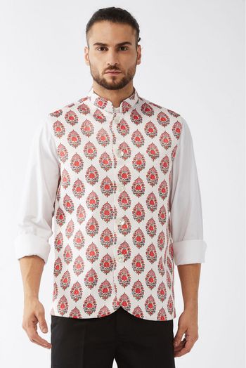 Satin Festival Wear Nehru Jacket In Cream And Red Colour - JK4352592