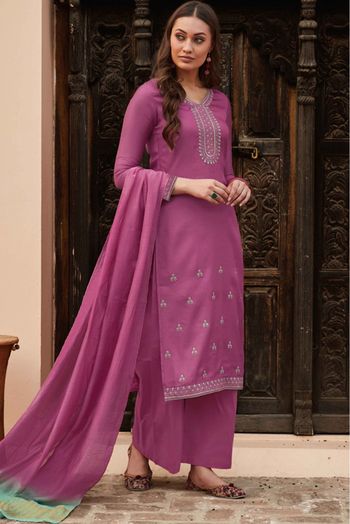 Silk Blend Embroidery Palazzo Pant Suit In Lavender Colour - SM4452214