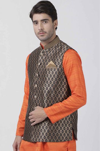 Silk Blend Festival Wear Nehru Jacket In Black Colour - JK4351968