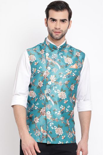 Silk Blend Festival Wear Nehru Jacket In Green Colour - JK4352141