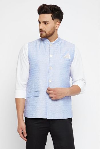 Silk Blend Festival Wear Nehru Jacket In Light Blue Colour - JK4352285