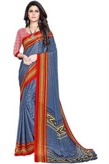 Silk Blend Printed Saree In Blue Colour - SR4840354