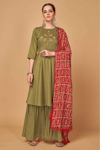 Silk Embroidery Sharara Suit In Mehendi Green Colour - SM1357455