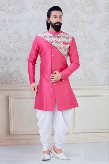 Silk Festival Wear Dhoti Sherwani In Rani Pink Colour - SH5600030