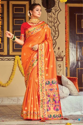 Silk Woven Saree In Orange Colour - SR5414225