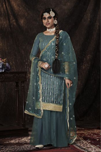 Soft Net Sequins Work Sharara Suit In Blue Colour - SM4900941