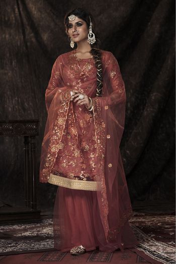 Soft Net Sequins Work Sharara Suit In Orange Colour - SM4900938