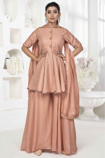 Stitched Banarasi Silk Sequins Work Fusion Wear In Peach Colour - SS5413936