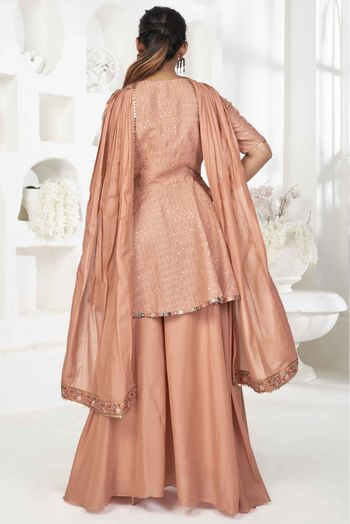 Stitched Banarasi Silk Sequins Work Fusion Wear In Peach Colour - SS5413936