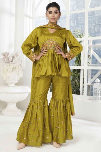 Stitched Chinon Embroidery Fusion Wear In Green Colour - SS5413937