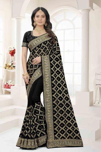 Vichitra Silk Embroidery Saree In Black Colour - SR1543510