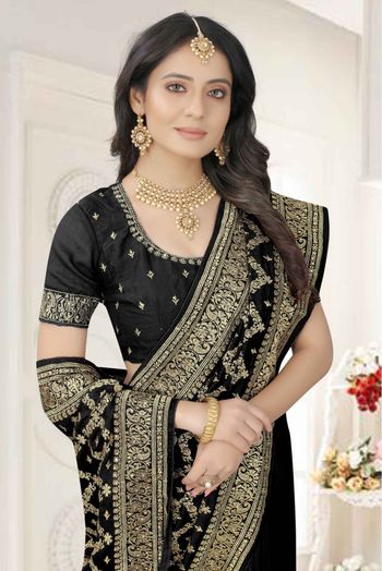 Vichitra Silk Embroidery Saree In Black Colour - SR1543510