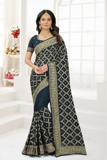 Vichitra Silk Embroidery Saree In Teal Colour - SR1543512