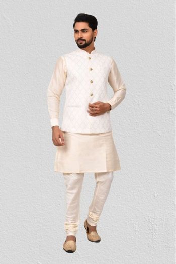 Art Silk Kurta Pajama With Jacket In Cream And White Colour - KP5750160