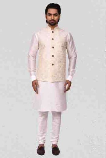 Art Silk Kurta Pajama With Jacket In Off White And Cream Colour - KP5750087