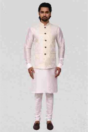 Art Silk Kurta Pajama With Jacket In Off White And Cream Colour - KP5750088