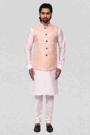 Art Silk Kurta Pajama With Jacket In Off White And Cream Colour - KP5750092