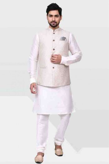 Art Silk Kurta Pajama With Jacket In White And Beige Colour - KP5750221