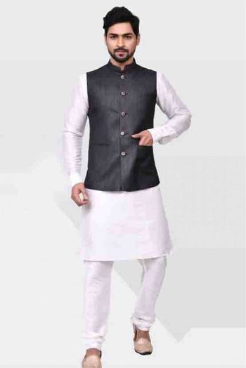 Art Silk Kurta Pajama With Jacket In White And Grey Colour - KP5750222