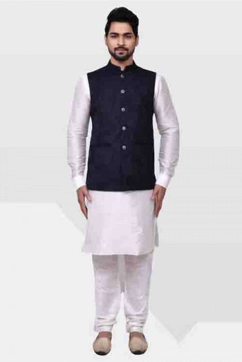 Art Silk Kurta Pajama With Jacket In White And Navy Blue Colour - KP5750240