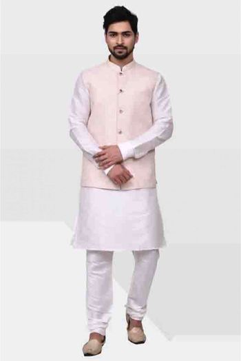 Art Silk Kurta Pajama With Jacket In White And Pink Colour - KP5750224