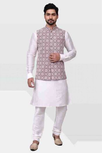 Art Silk Kurta Pajama With Jacket In White And Purple Colour - KP5750230