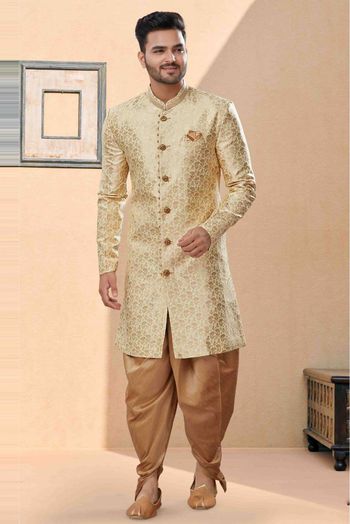 Banarasi Jacquard Dhoti Sherwani In Cream And Gold Colour - SH4120616