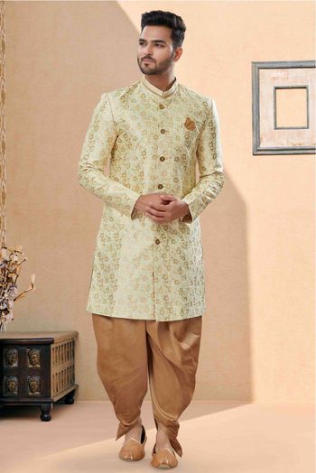 Banarasi Jacquard Dhoti Sherwani In Cream Colour - SH4120615