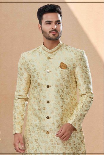 Banarasi Jacquard Dhoti Sherwani In Cream Colour - SH4120615