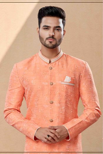 Banarasi Jacquard Dhoti Sherwani In Dark Peach Colour - SH4120606