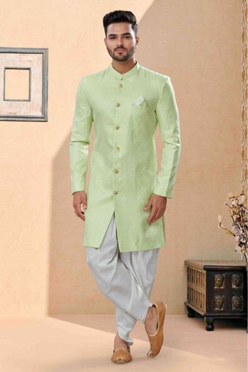 Banarasi Jacquard Dhoti Sherwani In Green Colour - SH4120640