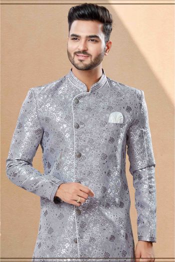 Banarasi Jacquard Dhoti Sherwani In Grey Colour - SH4120595