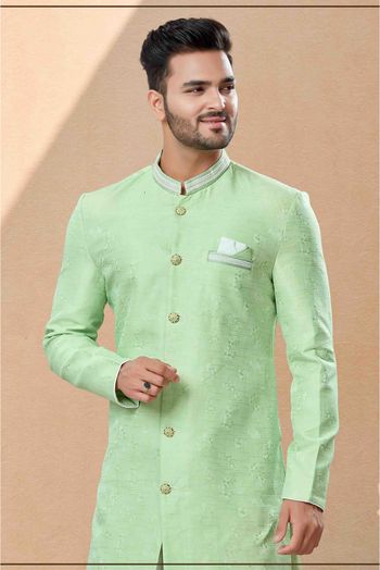 Banarasi Jacquard Dhoti Sherwani In Rama Green Colour - SH4120604