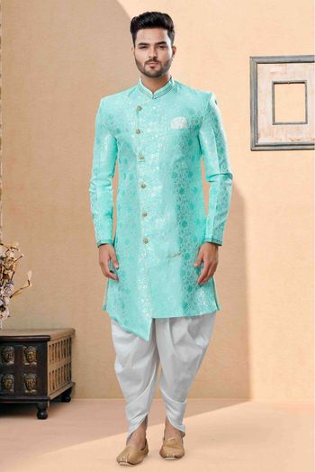 Banarasi Jacquard Dhoti Sherwani In Sea Green Colour - SH4120597