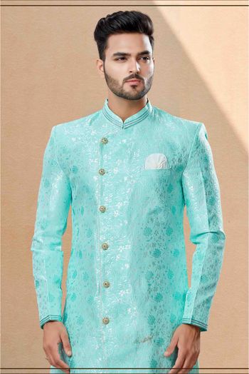 Banarasi Jacquard Dhoti Sherwani In Sea Green Colour - SH4120597