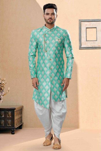 Banarasi Jacquard Dhoti Sherwani In Sea Green Colour - SH4120641