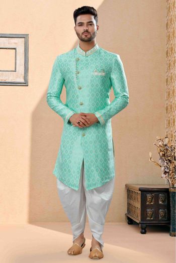 Banarasi Jacquard Dhoti Sherwani In Sea Green Colour - SH4120644