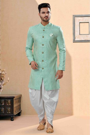 Banarasi Jacquard Dhoti Sherwani In Sea Green Colour - SH4120645