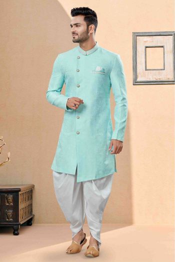 Banarasi Jacquard Dhoti Sherwani In Sky Blue Colour - SH4120605